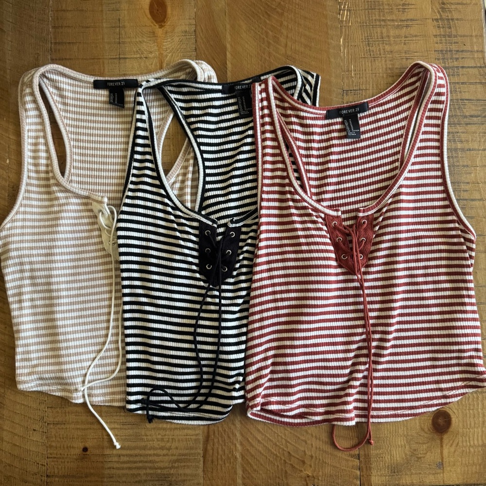Forever 21 Striped Lace-Up Crop Top Tank Tops - Cream, Black, Burnt Orange Red